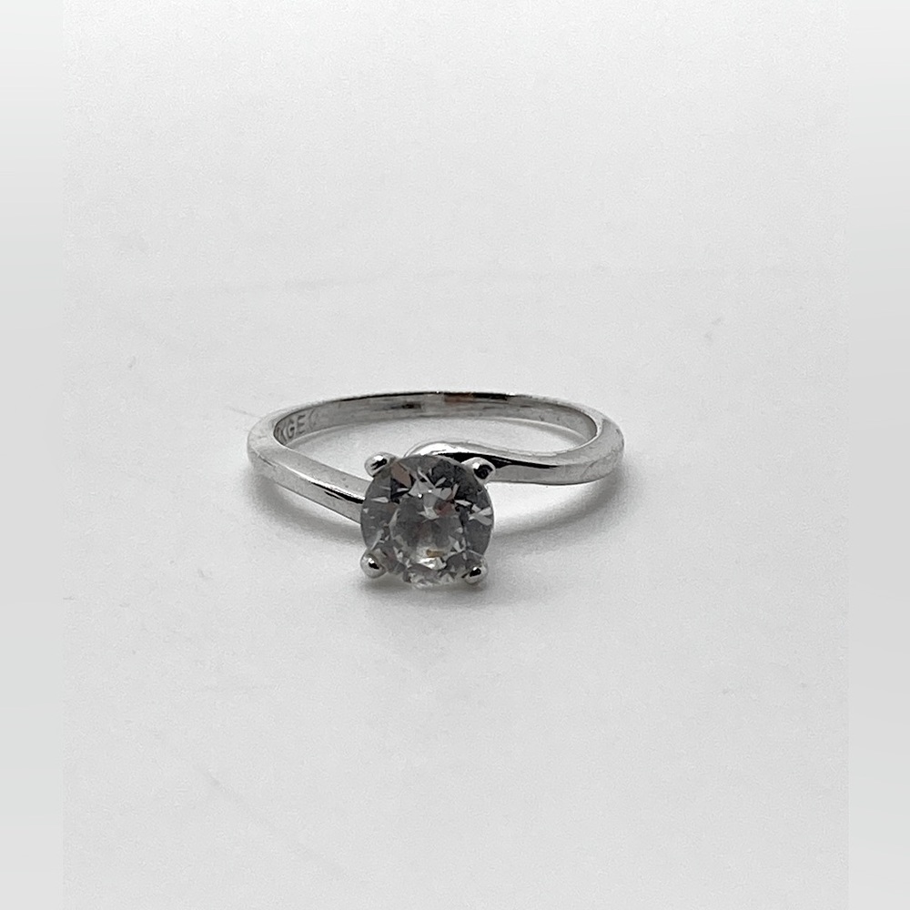 Vtg 18k GE White Gold Electroplate Cz Solitaire Wavy Band Ring Sz 6